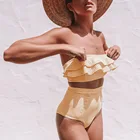 Женское желтое полосатое бикини Летний стиль комплект из 2 предметов с оборками Детали Мягкий купальник пуш-ап купальный костюм женский купальник