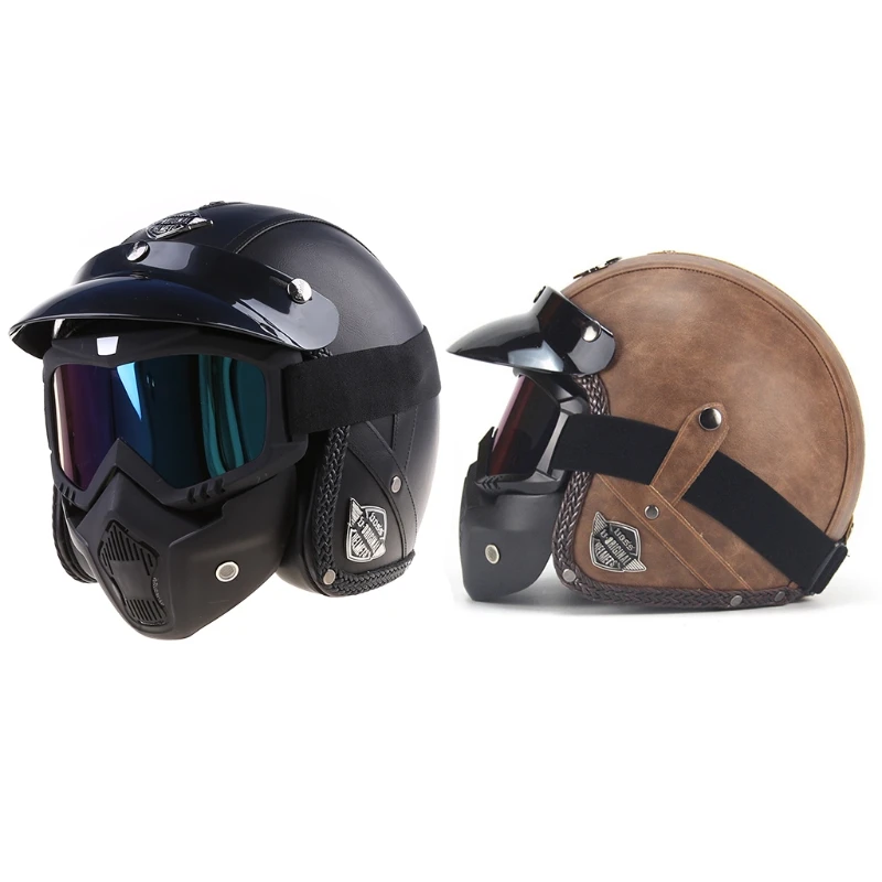 

PU Leather 3/4 Helmets Open Face Vintage Motorcycle Bike Helmet With Goggle Mask