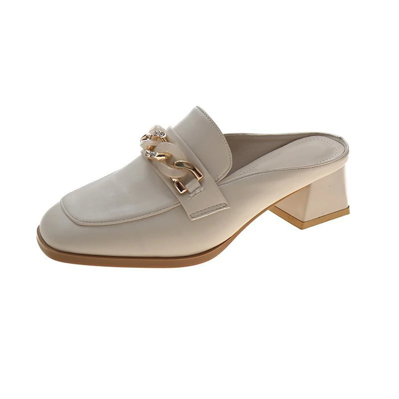 

2021 New Women Slippers Square Heels Platform Slip On Casual Females Slides Mules Vintage Chain Rhinestone Office Ladies Shoes