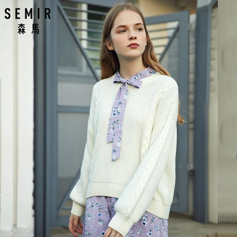 SEMIR Women Cable Knit Sweater Longer at Back Women's Pullover with Dropped Shoulder Ribbing Neckline Cuff and Hem | Женская одежда