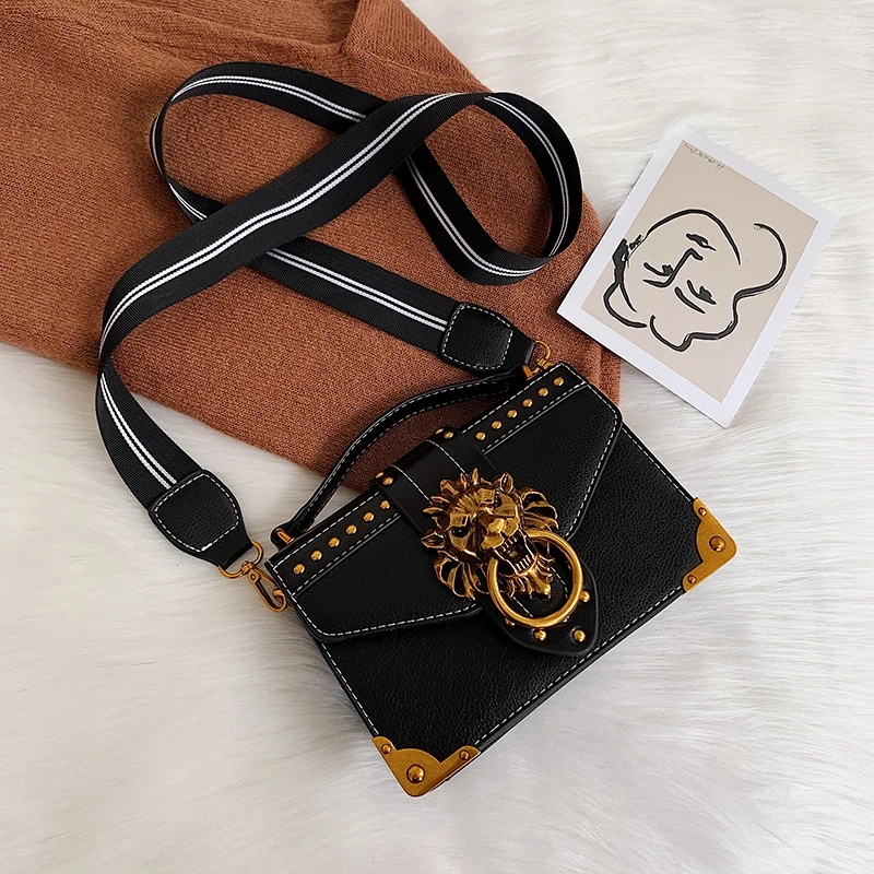 

Female Fashion Handbags Popular Girls Crossbody Bags Totes Woman Metal Lion Head Brand Shoulder Purse Mini Square Messenger Bag