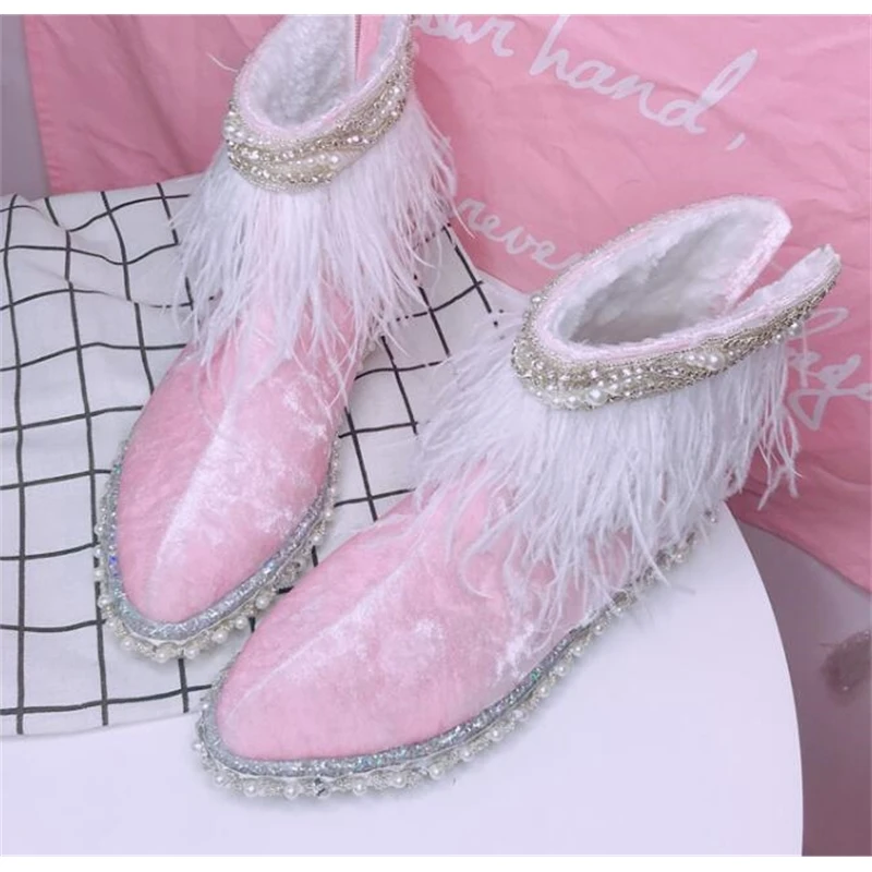 

Pink women's booties plus cotton increased versatile pointed cute snow boots bare boots new winter