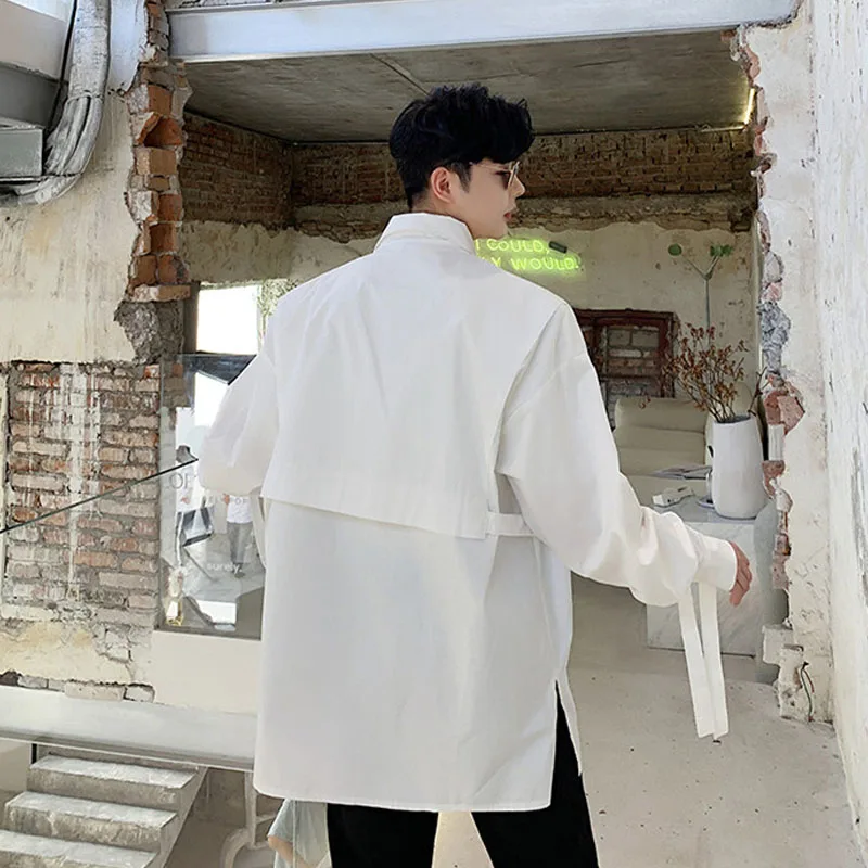 Men's Long Sleeve Shirt Spring And Autumn New Style Personality Ribbon Decoration Street Japanese Casual Loose Large Size Shirt