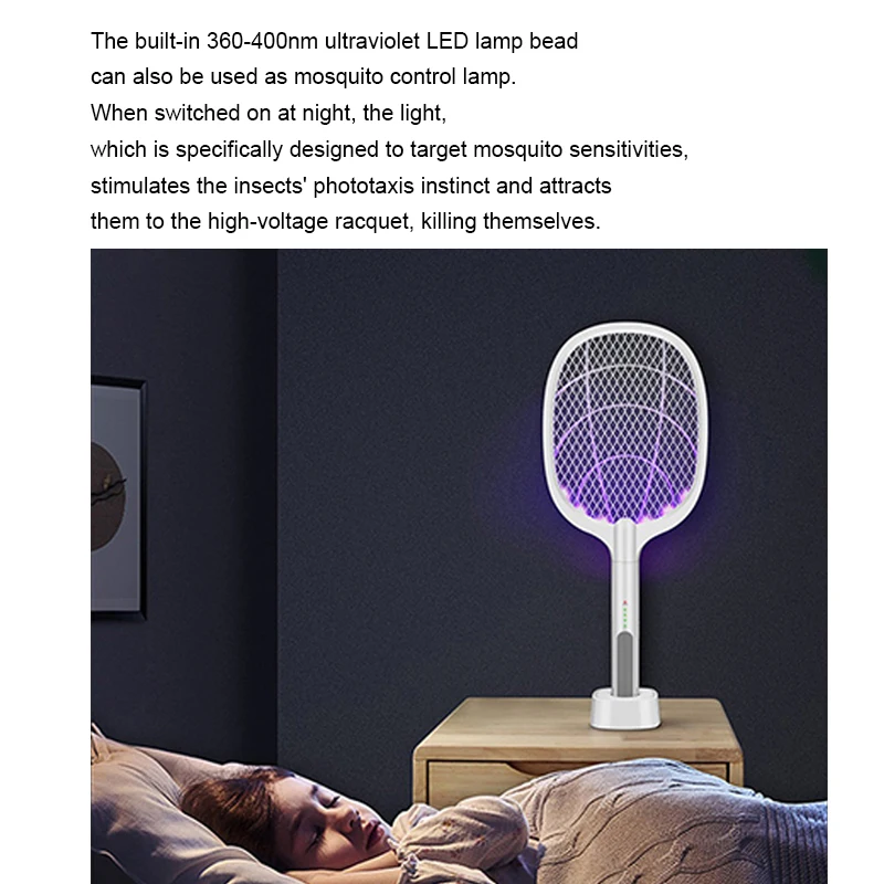 

1200mAh Rechargeable Bug Zapper Summer Fly Swatter Trap Home Bug Insect Racket 3000V Electric Mosquito Killer With UV Lamp USB