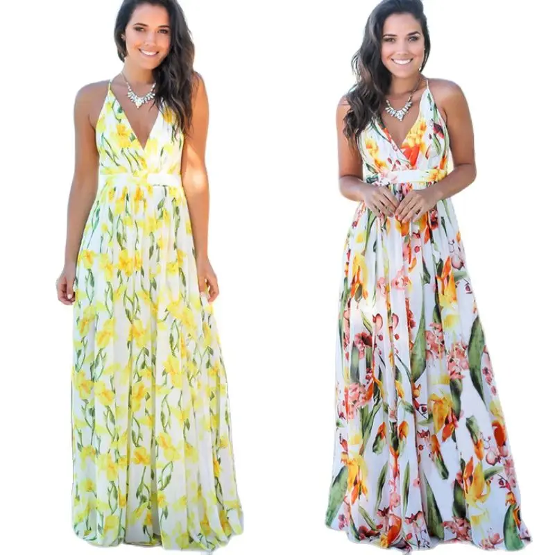 2021 Multicolor Tropical Jungle Leaf Boho Long Dress Sling Cross Back Women V neck Party Night Elegant Sexy Maxi Summer Dresses | Женская