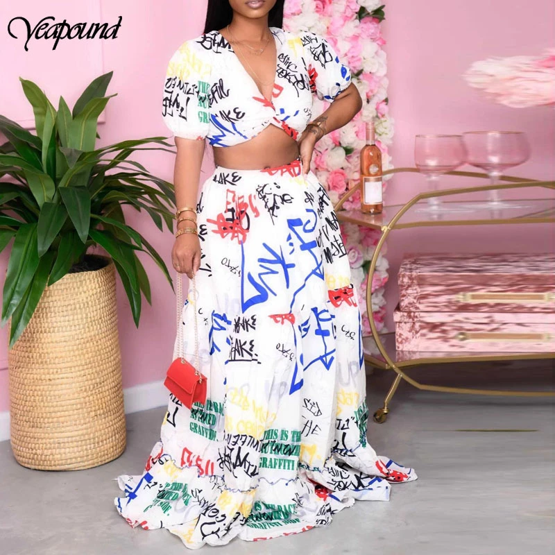 

Sexy Women Letter Printed Twp Piece Set Short Sleeve V Neck Top And Maxi Skirt High Waist Women's Long Skirt Set 2 Piece