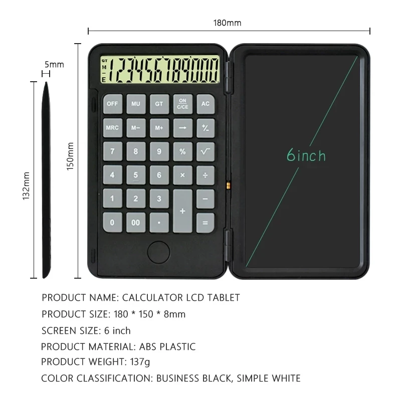 

Portable Calculator & 6 Inch LCD Writing Tablet Digital Drawing 12 Digits Display With Stylus Pen Clear Button And Lock Function