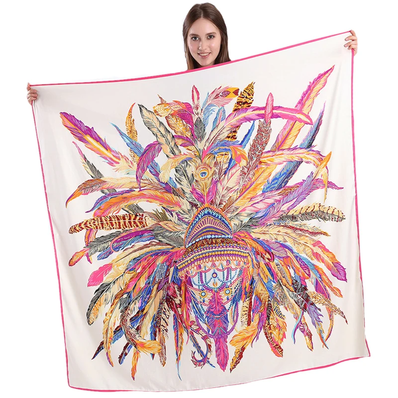 

51x51(in) Feather Scarf Luxury Brand Silk Square Sshawl for Women Big Silk Feeling Bandana Pashmina Female Foulard Muslim Hijab