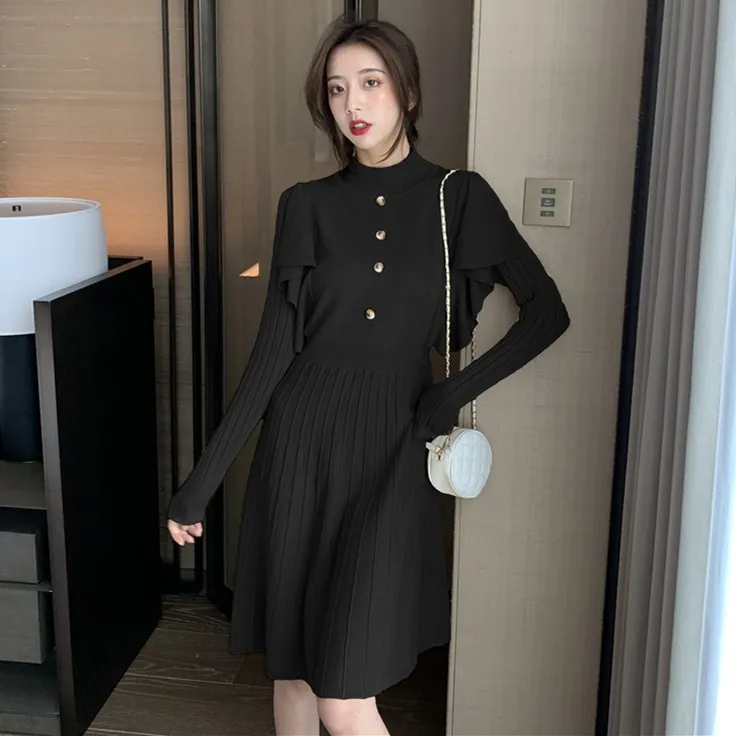 

Fashion women's dress 2021 spring new waist slimming shawl collar a-line skirt long-sleeved knitted dress