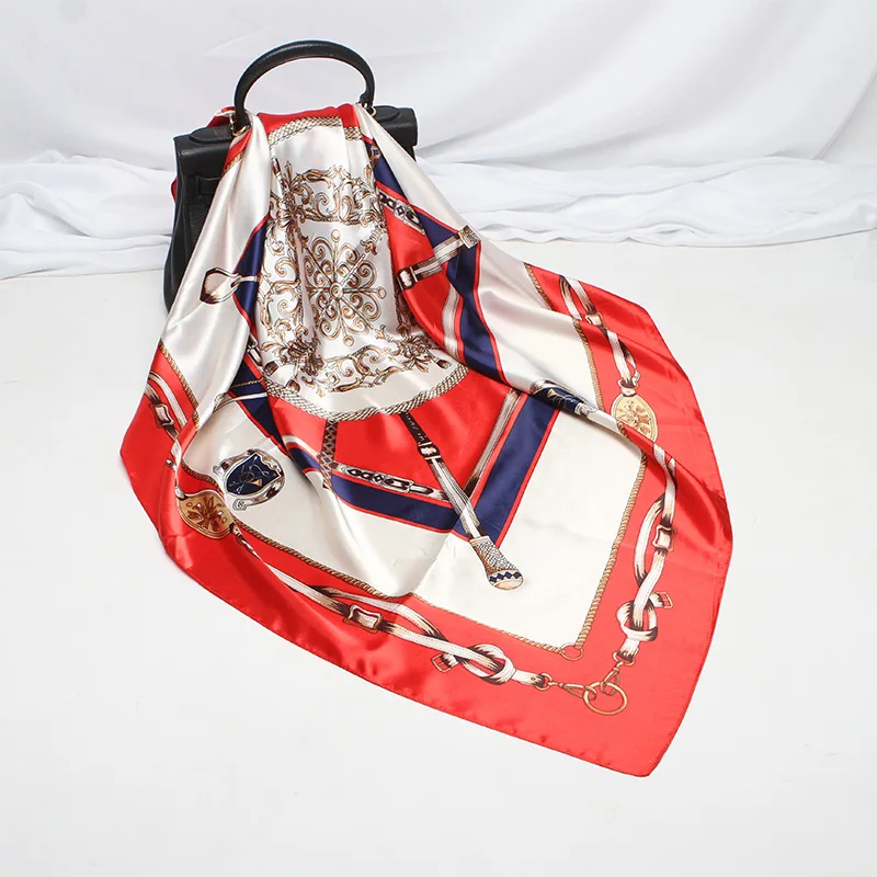 

90*90cm Elegant Women Scarves Satin Square Silk Scarf Shawl Foulard Femme Geometric Muslim Head Scarf Neck Hand Towel Headwear