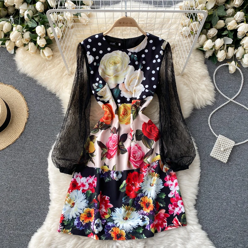 

Винтажное женское платье в стиле пэчворк, сетчатые Платья с цветочным принтом и пышными рукавами, женские платья-трапеции средней длины с в...