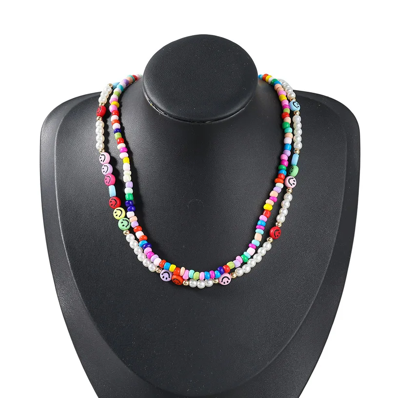 

HOT Lucky Pendant Smile Colorful Fashion Women Girl Pearl Trendy Men Charm Boy Resin Alloy LINKS Chain Necklace 2pcs Wn87