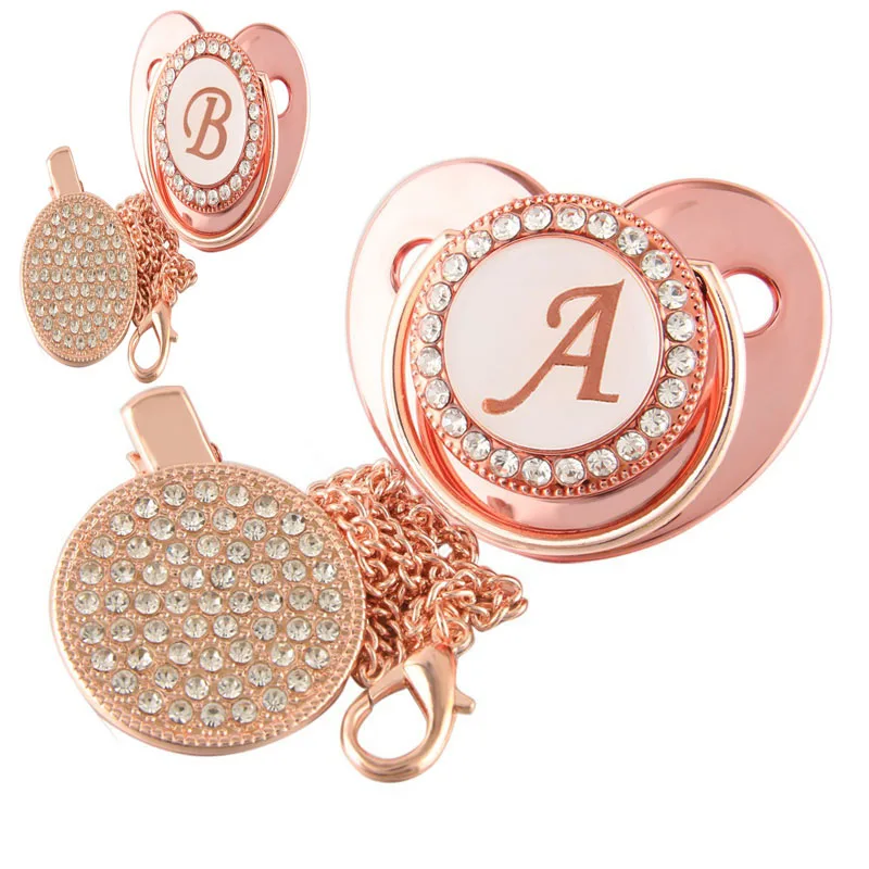 

Name Initial Letters Baby Pacifier Newborn Silicone Pacifier Rose Gold Bling Infant Nipple BPA Free Baby Soother Dummy