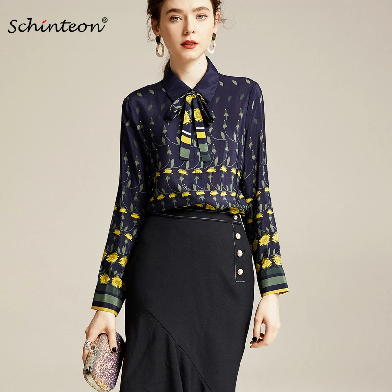 

2020 Schinteon Spring Women 100% Real Silk Blouse Long Sleeved Bow Turn-down Collar Print Blouses Office Lady Shirt New
