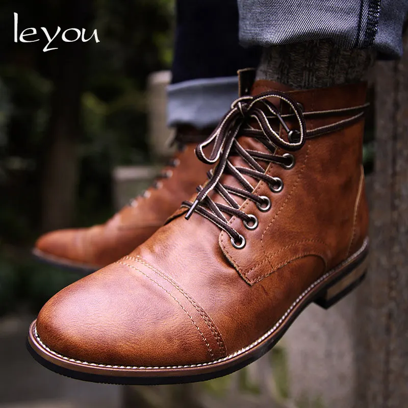 Мужские Винтажные ботинки из искусственной кожи в стиле ретро мотоциклетные