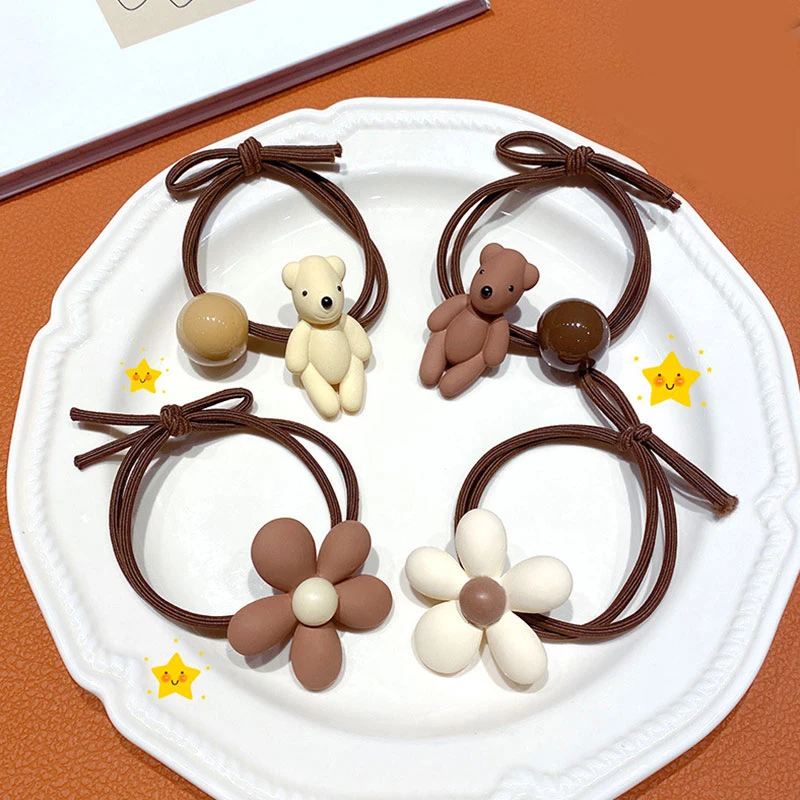 

Korean Version Headdress Cartoon Cute Bear Flower Hair Rope For Kids Girls Sweet Small Fresh Bear Hair Rope Wholesale