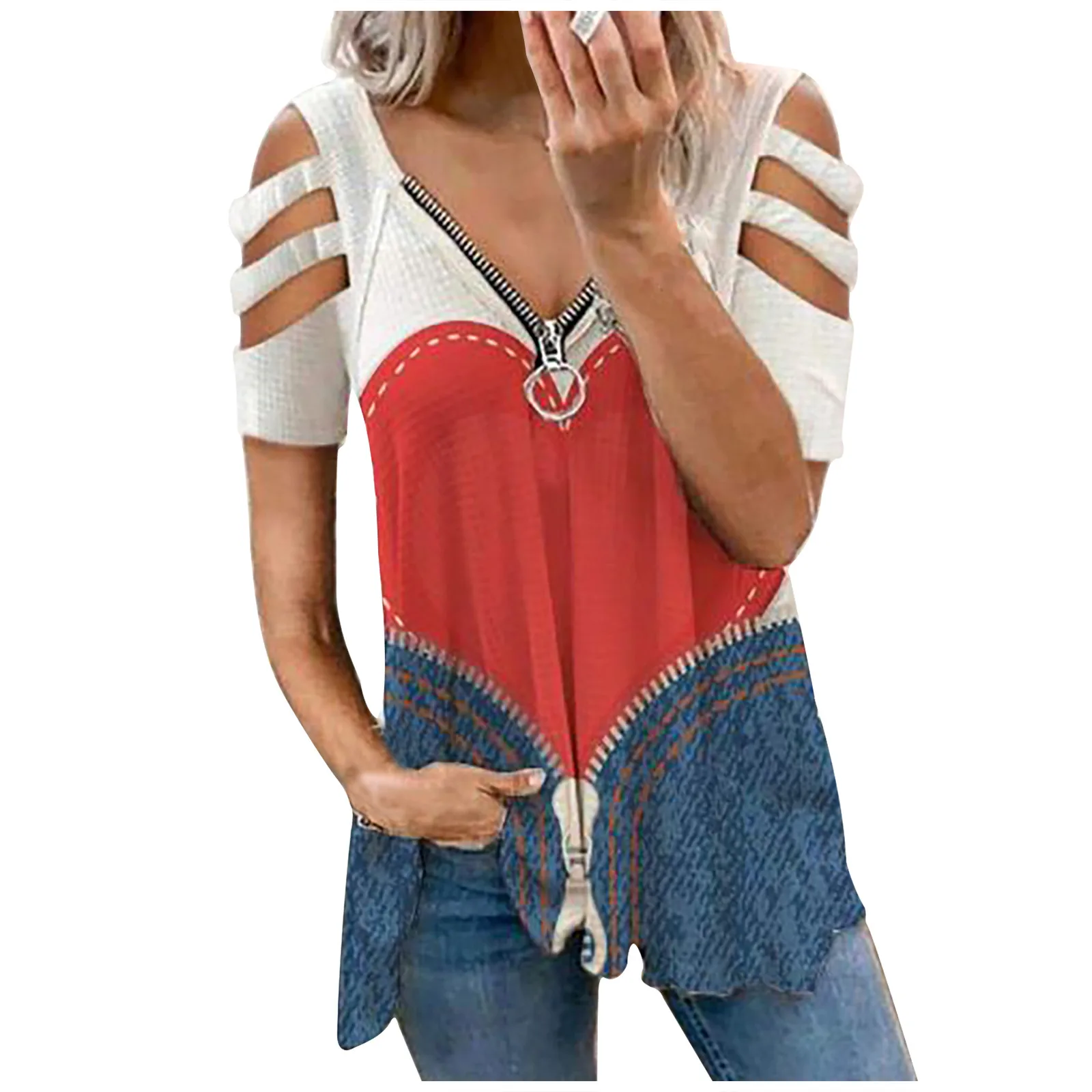 

T-shirt For Women Plus Size T-shirt Sexy V-neck T-shirt Zipper Print Short Sleeve Casual T-shirt Tops Loose T-shirt ropa mujer