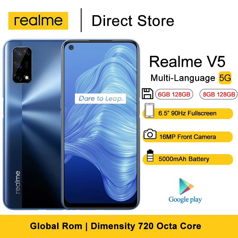 Realme V5 5G смартфон 6 5 дюймов FHD + 90 Гц Full Дисплей Dimensity 720 Octa Core 48MP Quad камеры 5000 мАч Android