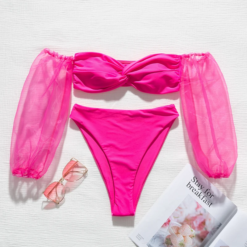 Женское бикини с высокой талией одноцветные купальники рукавами-фонариками и