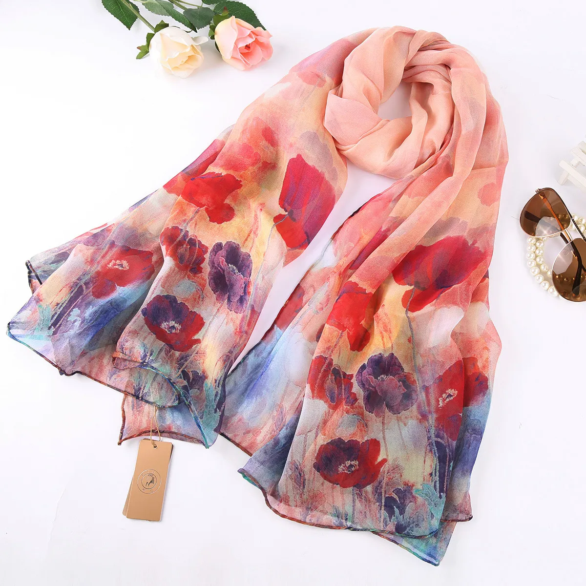 

[PTAH] 100% Mulberry Silk Scarf Ladies Banquet Lightweight Small Square Breathable Digital Printed Scarf High Quality 180*110 cm