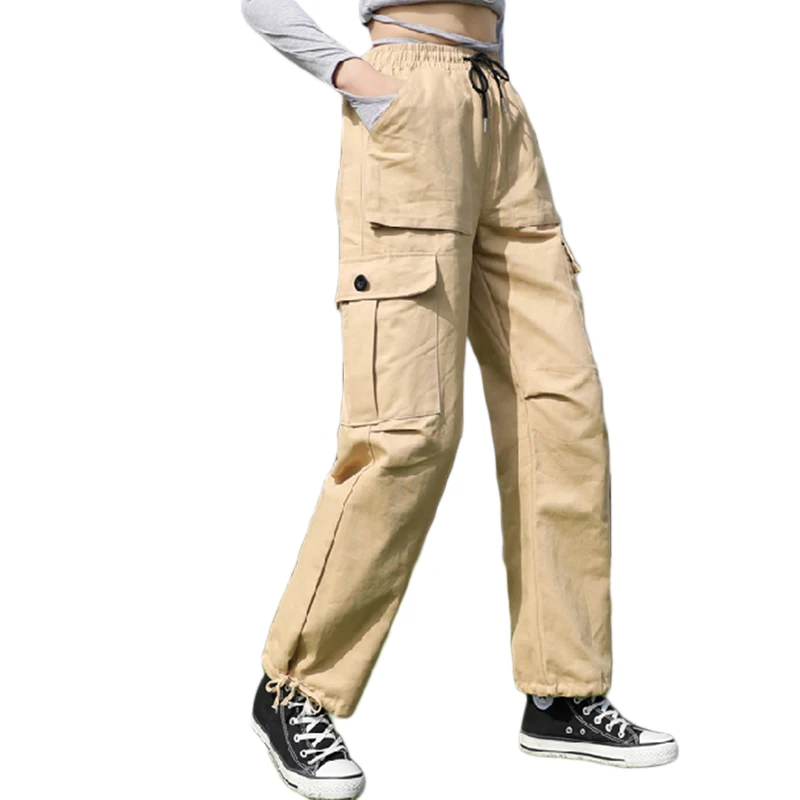 Женские брюки карго с большими карманами свободные высокой талией в уличном