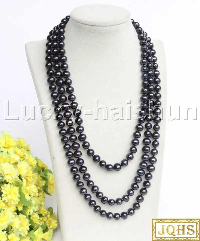 

JQHS длинное подлинное 173 см 10 мм круглое черное пресноводное жемчужное ожерелье из бусин с узлом J12195