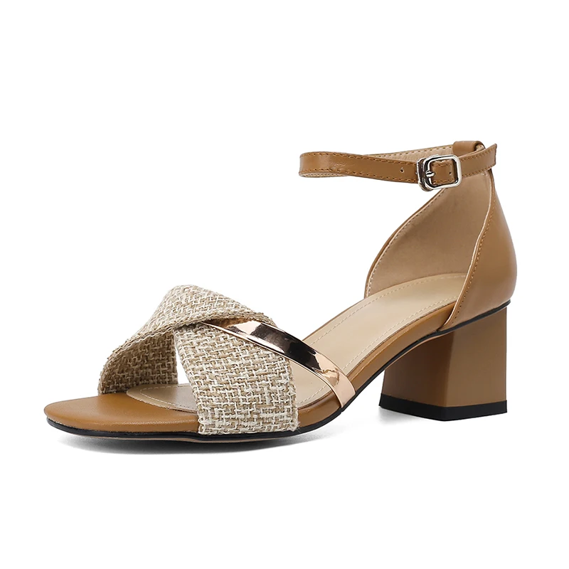 

Genuine Leather Women Sandals Thick Heels Square Toe Ladies Shoes Summer Fashion Buckle Party High Heels Shoes Beige Brown