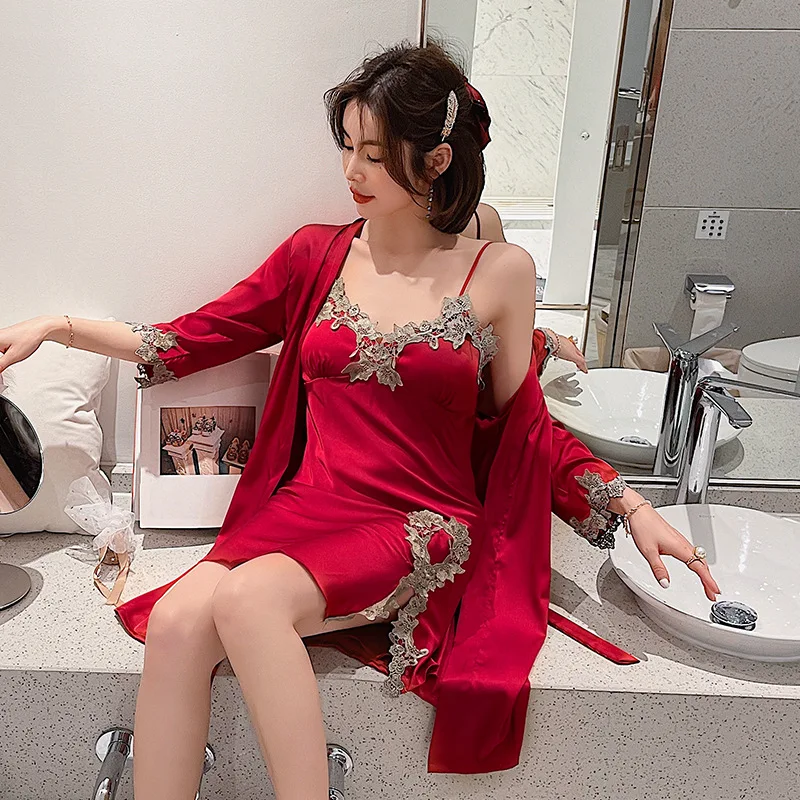 Комплект женский из 2 предметов вискозный пикантный кружевной халат кимоно с