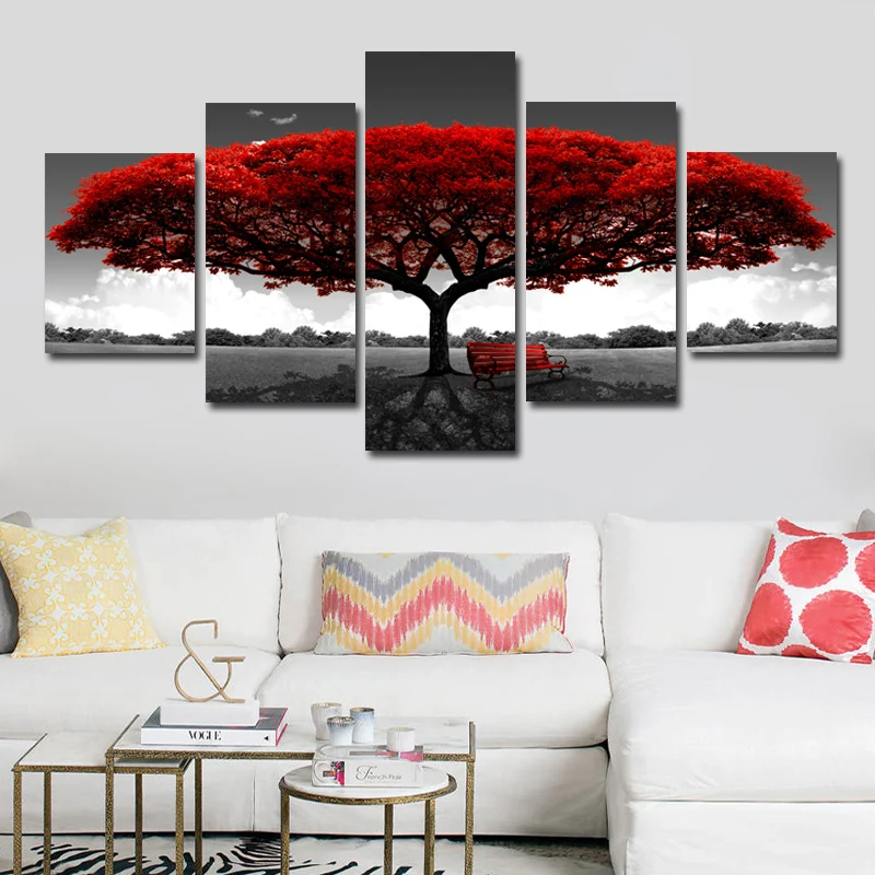 

Printed Poster Modular Pictures 5 Panels Abstract Red Tree Canvas Paintings Landscape Home Decor Modern For Living Room Wall Art