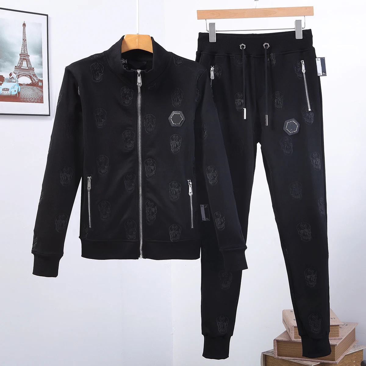 

Fashion PP Skull Men Cotton 2-Piece Hooded Sweatshirt And Pants Sportswear Set Zip Plein Hoodie Clothes skull Autumn Winter