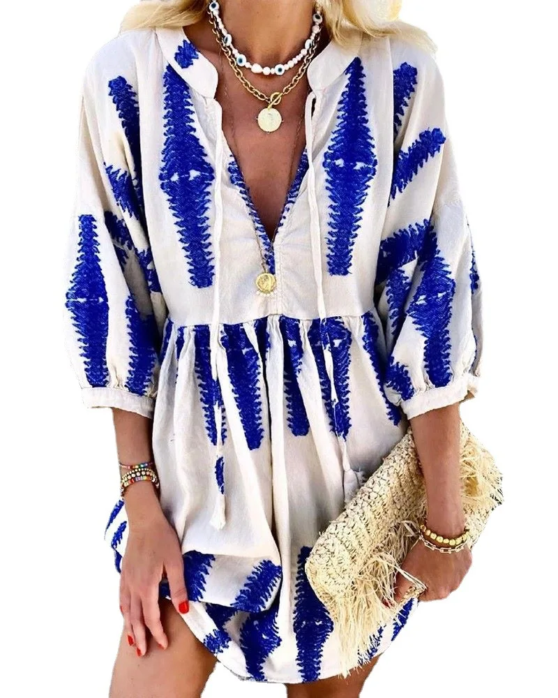 

2021 women dress shirt dress Blue Loose Waist Urban Leisure Official Print Mid-Skirt Retro Patchwork Pullover Clothing