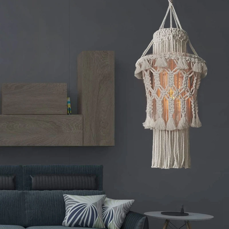 

Hand-Knitted Lampshade Macrame Hanging Lamp Decoration Living Room Wedding Decoration Tel Lampshade Tapestry