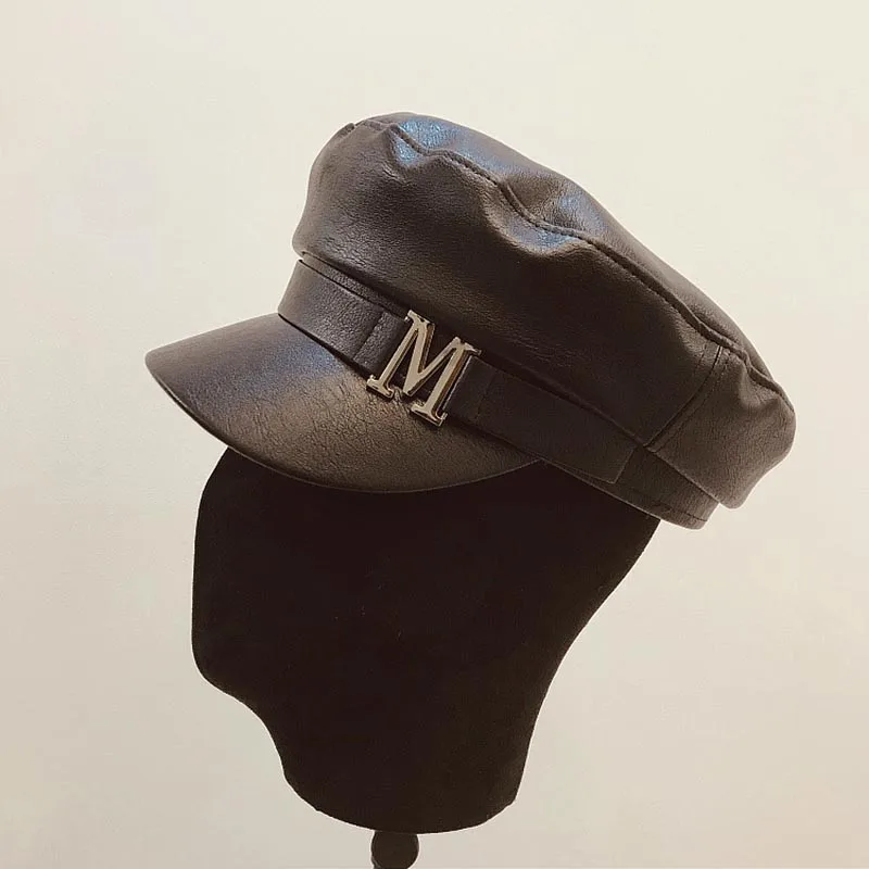 

Модные шапки для женщин, шапка в стиле милитари, осенне-зимняя женская шапка из искусственной кожи, Ретро Кепка с плоской застежкой, ремень с...