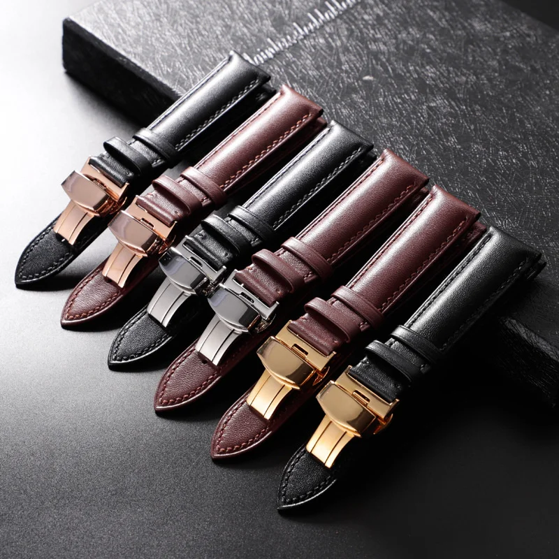 

18 20 22 24mm High Grade Genuine Leather Durable Wrist Strap Unisex Fashion Watch Strap With Double Press Butterfly Buckle