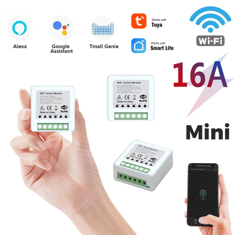 

Мини-переключатель Wi-Fi Tuya с поддержкой 16 А и 2-сторонним управлением, автоматический модуль для умного дома, работает с приложением Alexa Google Home...