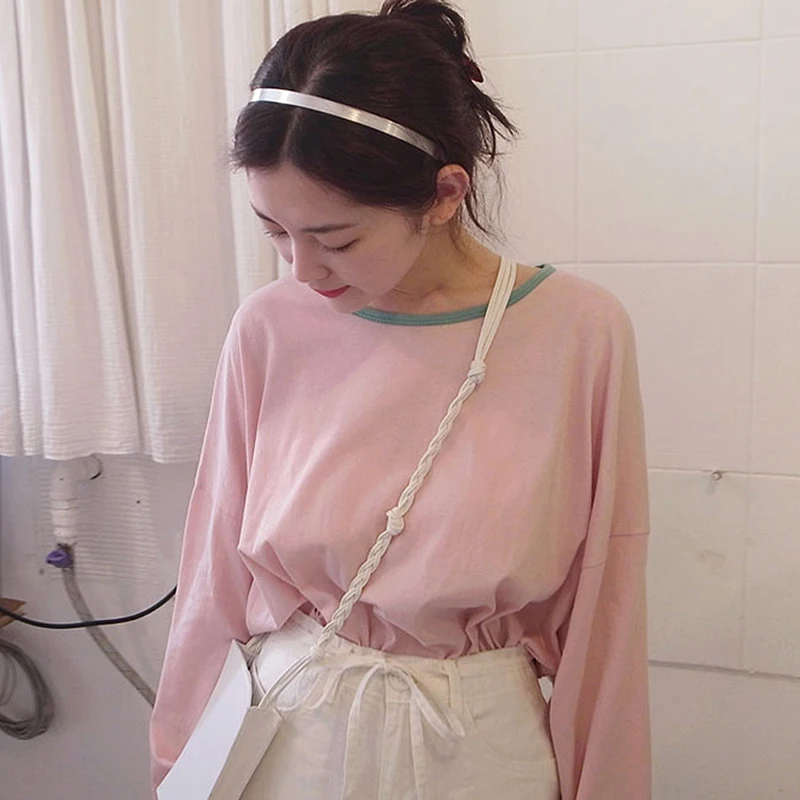 

Korean Streetwear Women Tee Tops Vintage O Neck Short Sleeve Female T Shirts Sweet Hit Color Chic Summer T Shirt