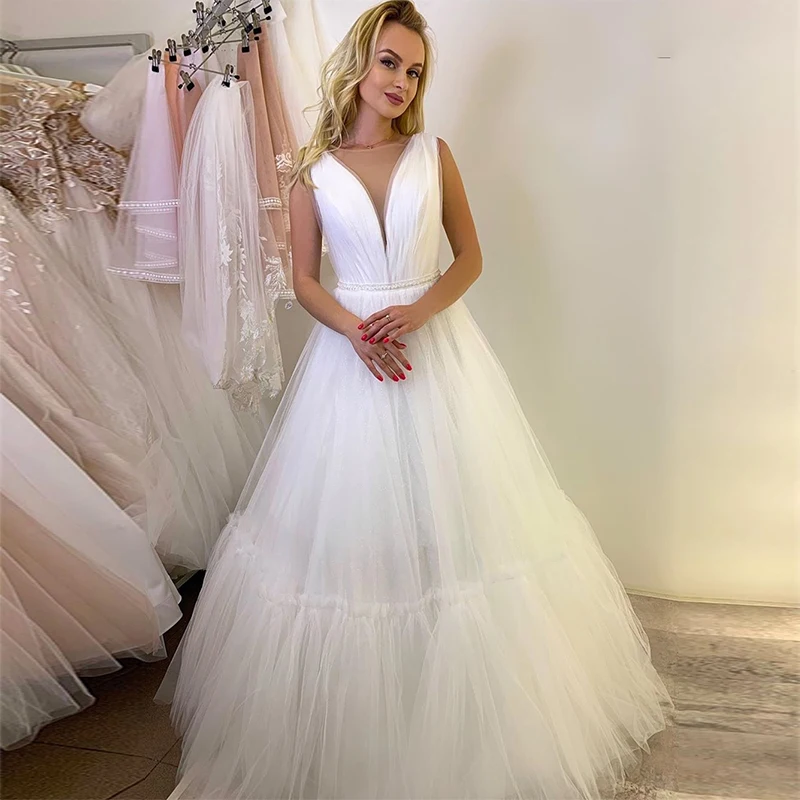 MoonlightShadow Simple Wedding Dresses A-Line O-Neck Sleeveless Fluffy Shining Tulle Lace Up Bridal Gowns Vestido De Novia