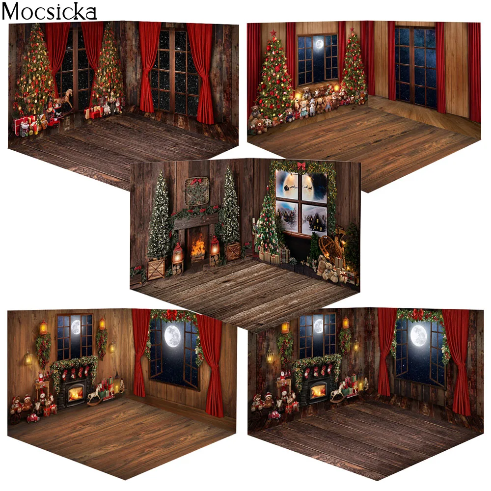 

Christmas Fireplace Backdrop Child Family Portrait Photo Studio Christmas Trees Toy Window Moon Photography Background Photocall