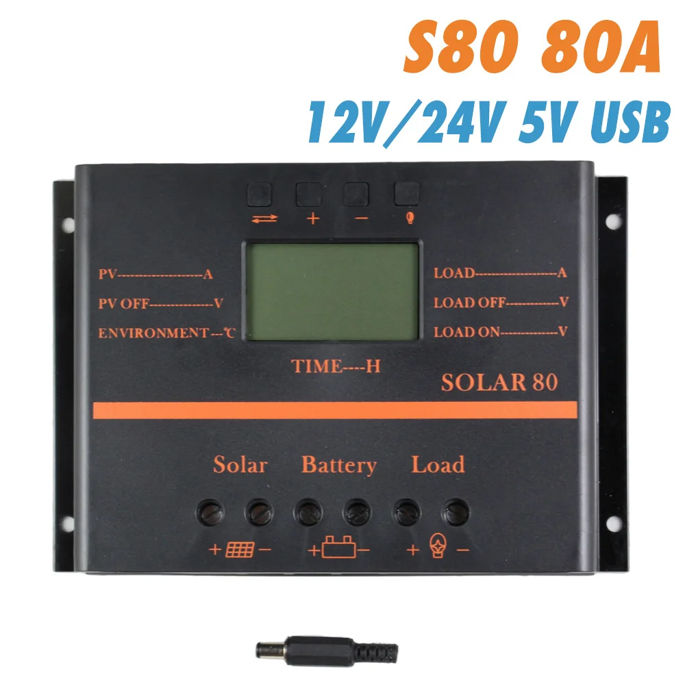 ШИМ Контроллер заряда и разряда солнечной батареи SOLAR80 12В/24В 80A с ЖК