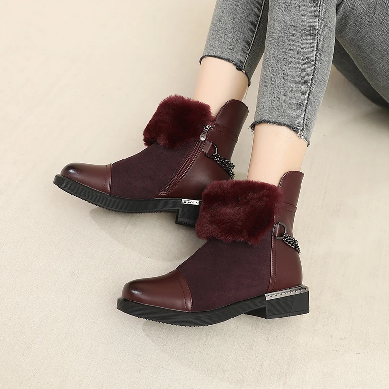 KULADA/Новые ботинки женские Теплые ботильоны на молнии с толстым мехом зимние
