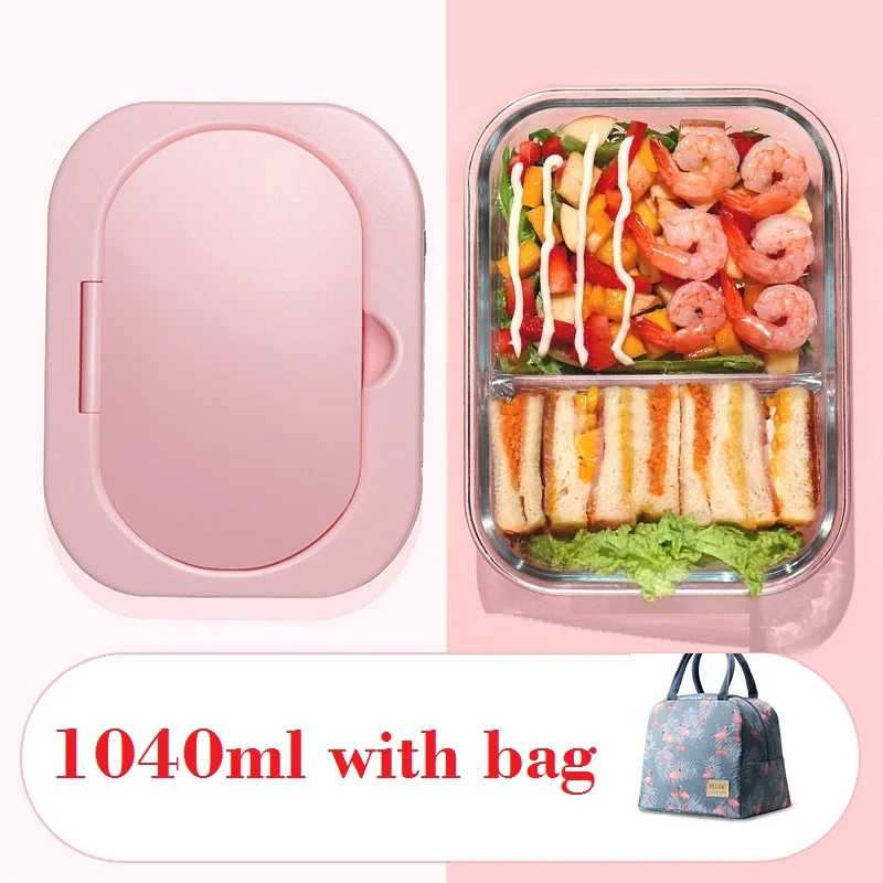 1040ml with bag Microwavable стеклянный Ланч-бокс с разделителем, крышкой, сумкой; приготовление еды стеклянные контейнеры для хранения продуктов с 2 отсеками; ланч-контейнер - Цвет: 1040ml with bag