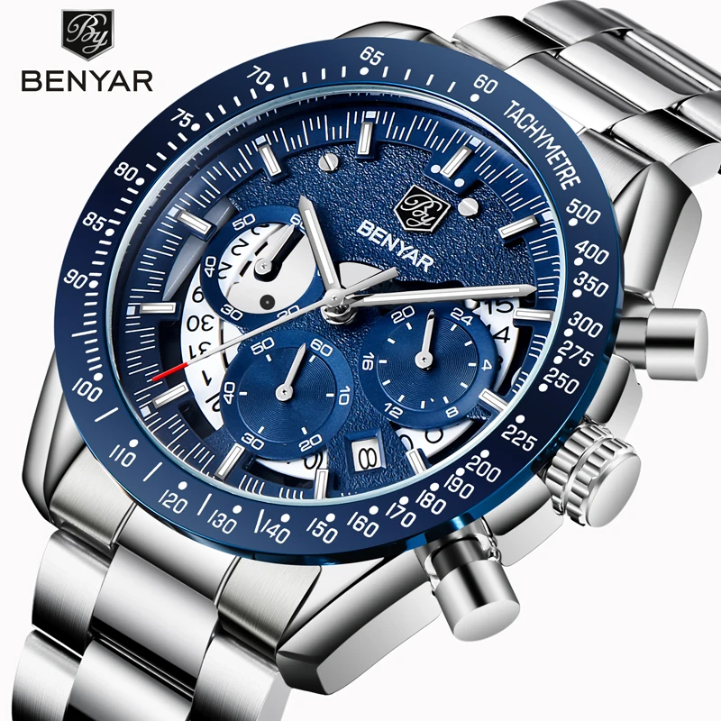 BENYAR Топ люксовый бренд Moon Phase часы мужские водонепроницаемые Хронограф военные