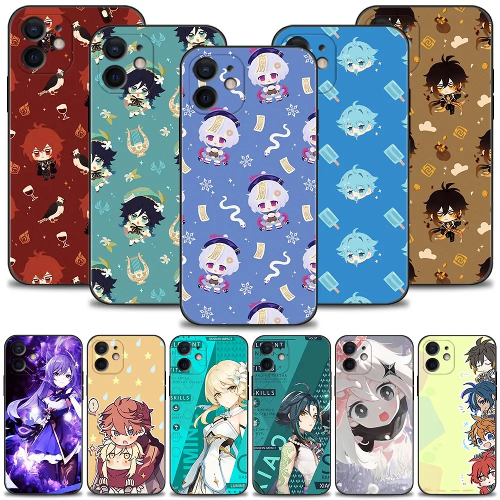 

Phone Case For iPhone 13 12 11 Pro Max XS Max XR X 7 8 Plus 12 Mini 6S 5S SE 2020 Silicone Capa Black Shell Anime Genshin Impact