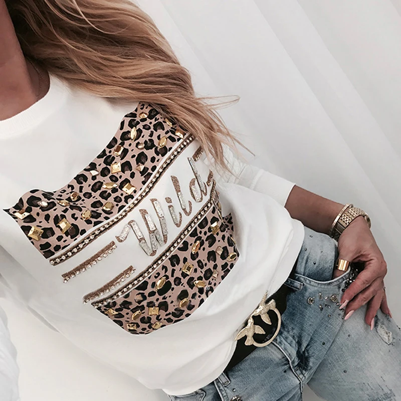 Women Sequins Lips Print Fashionable Sweatshirt Autumn Leopard Long Sleeve Beading Hoodie Lady O-neck Kawaii Sweatshirt Hoodies