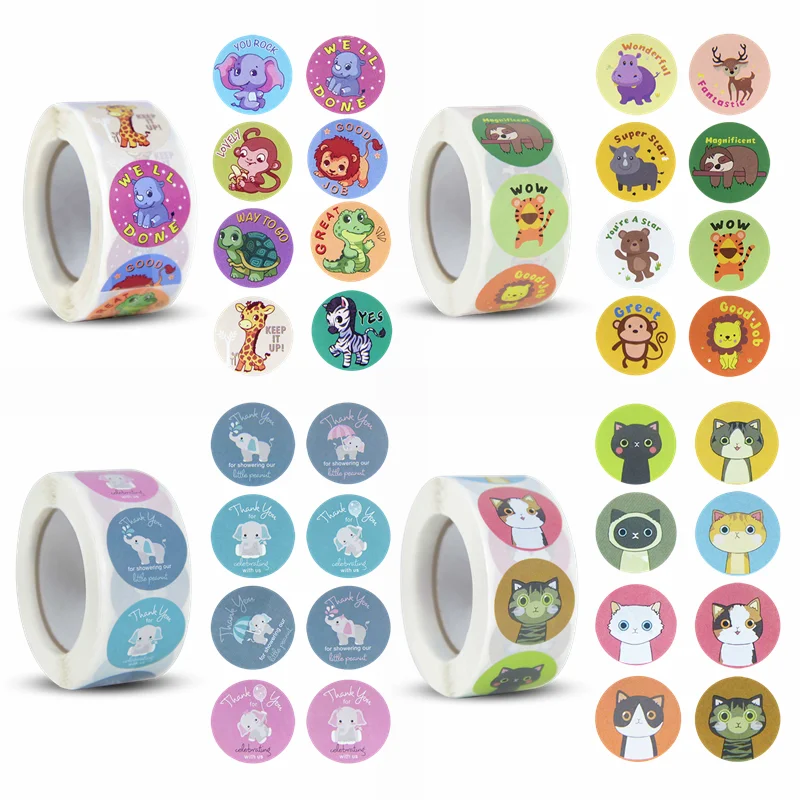 

500pcs/roll Animals Cartoon Sticker Round Encourage Sealing Label School Teacher Reward Sticker Kids Classic Toy Sticker Labels