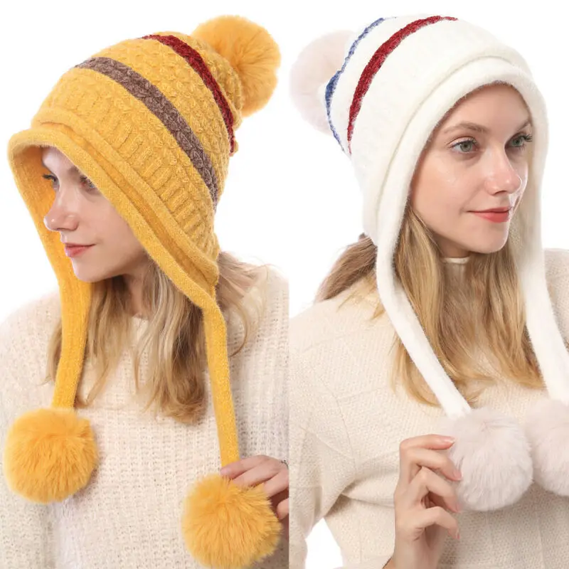 Лидер продаж модная женская шапка зимняя вязаная с меховым помпоном лыжная милые