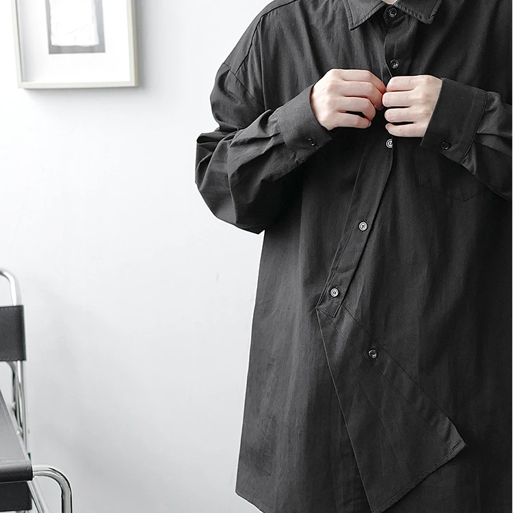 

Male Japan Harajuku Streetwear Fashion Vintage Fashion Show Dress Shirts Men's Irregular Placket Loose Casual Long Sleeve Shirt