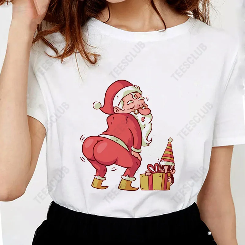 

New 2021 Hot Fashion Sexy Santa Christmas Women T-shirt Short Sleeve Harajuku Ullzang Cartoon Print Funny Santa Claus Tops Tee