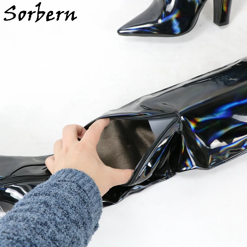 

Sorbern Black Holo Women Boots Chunky Heels Pointy Toes Over The Knee Long Lady Boots Laser Style Reflected Colorful Shoes