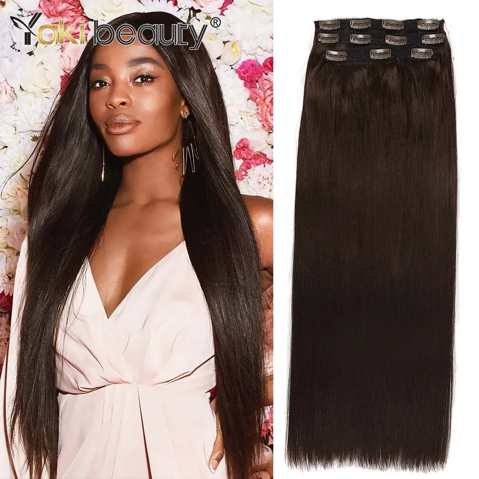 

28Inch Long Straight Clip-in Hair Extensions Synthetic Clip In Hair Extension Black Roots Blond Brown Color Hair By YAKI BEAUTY